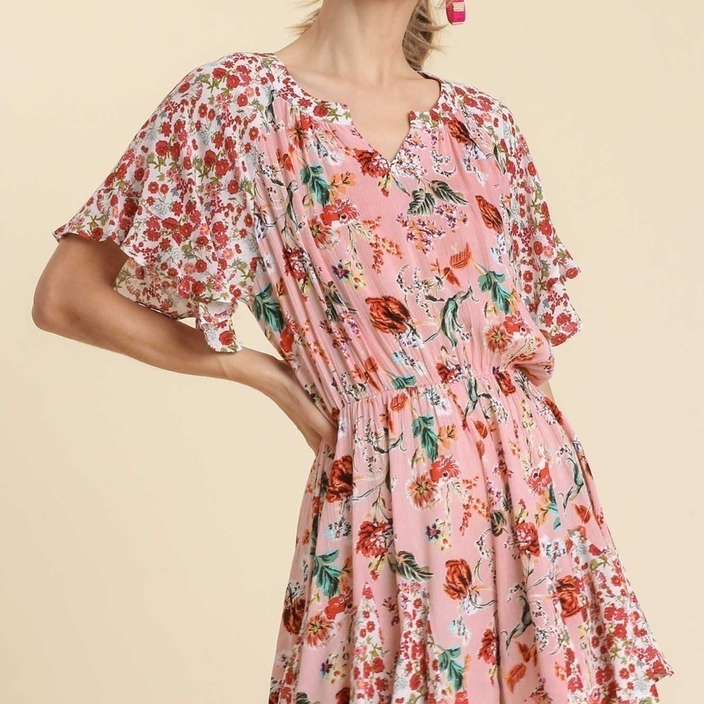 101- Umgee NWT Floral Mixed Print Split Neck Ruffle Sleeve Romper Rayon S, M, L